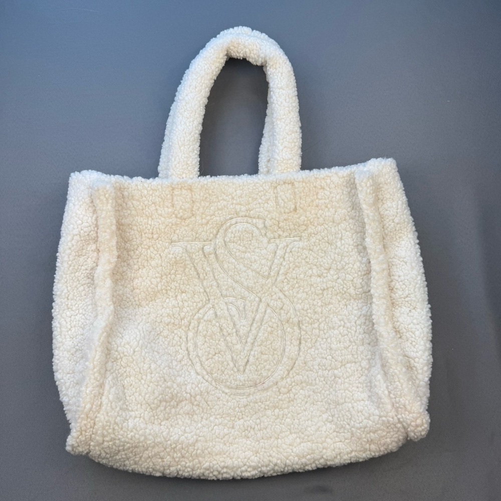 Victoria's  Secret Sherpa Tote White/Ivory‎ Color Lined Logo EUC